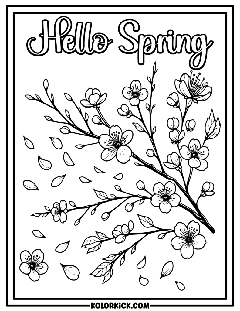 Hello Spring Flowers Coloring Page