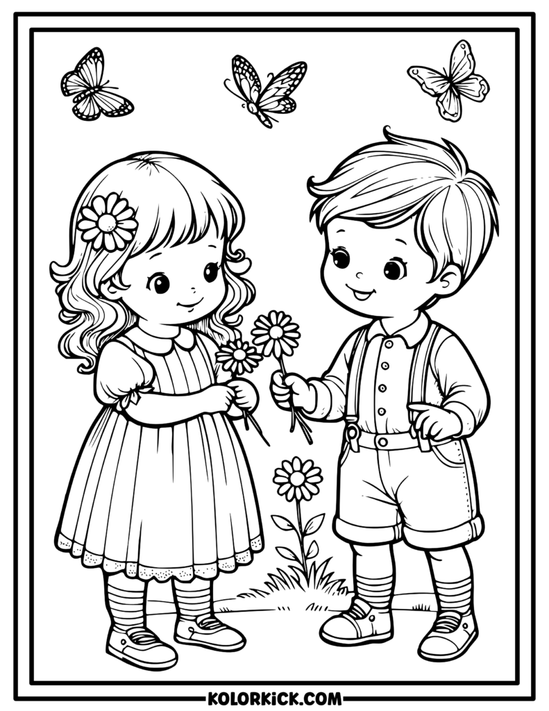 Spring Boy and Girl Coloring Page