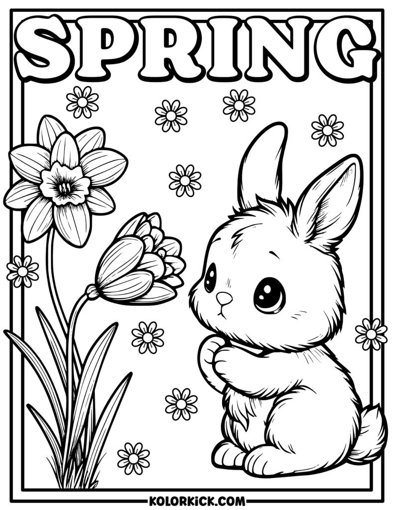 Spring Bunny and Flowers Coloring Page