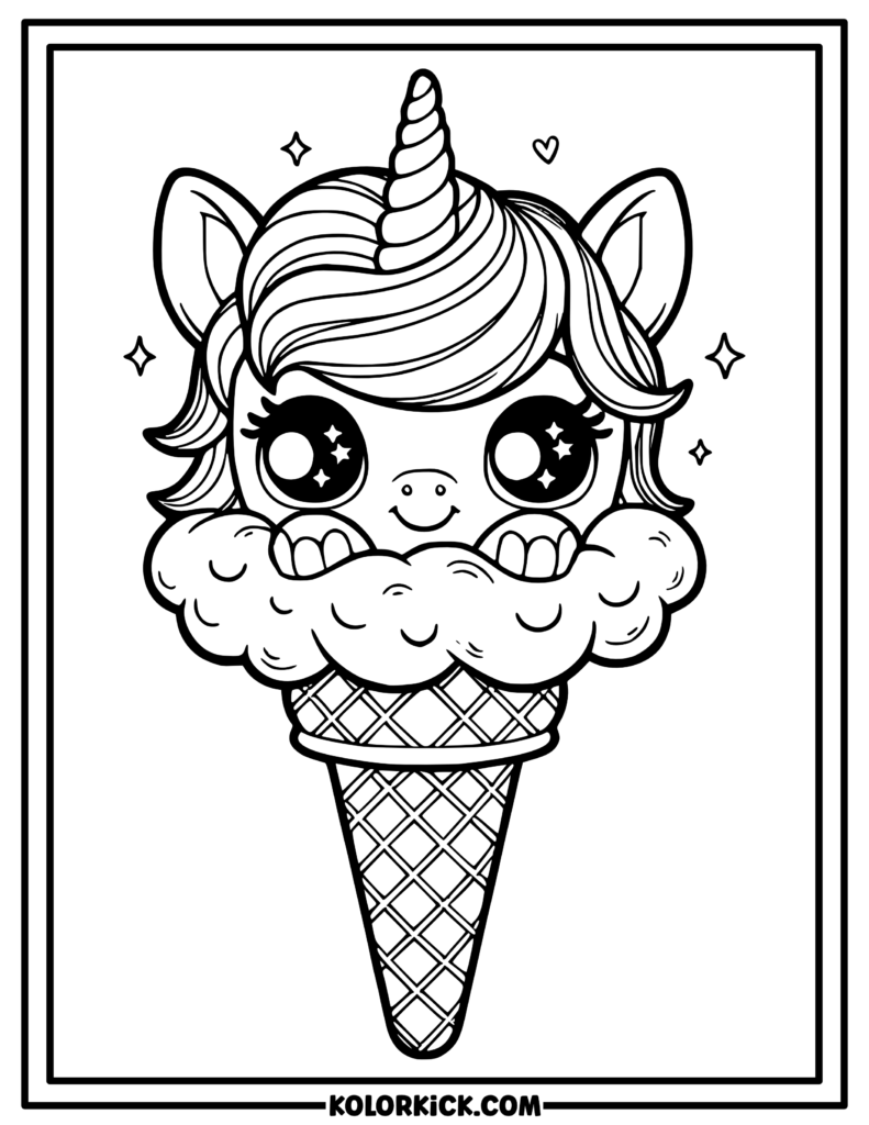 Cute Unicorn Ice Cream Coloring Page