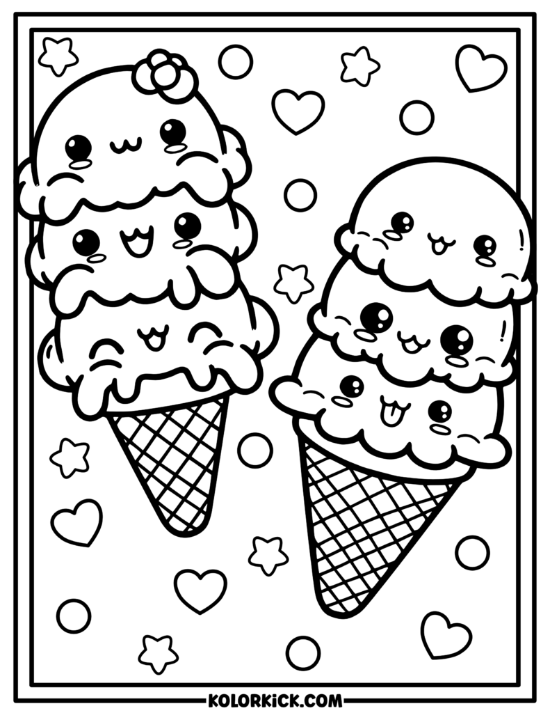 Fun Kawaii Ice Cream Coloring Page For Kids