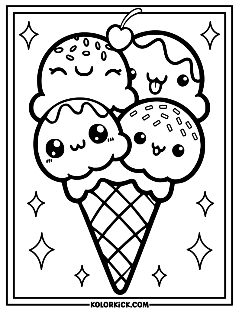 Simple Kawaii Ice Cream Coloring Page For Kids