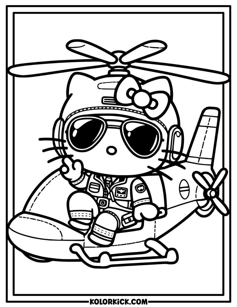 Helicopter Hello Kitty Coloring Page