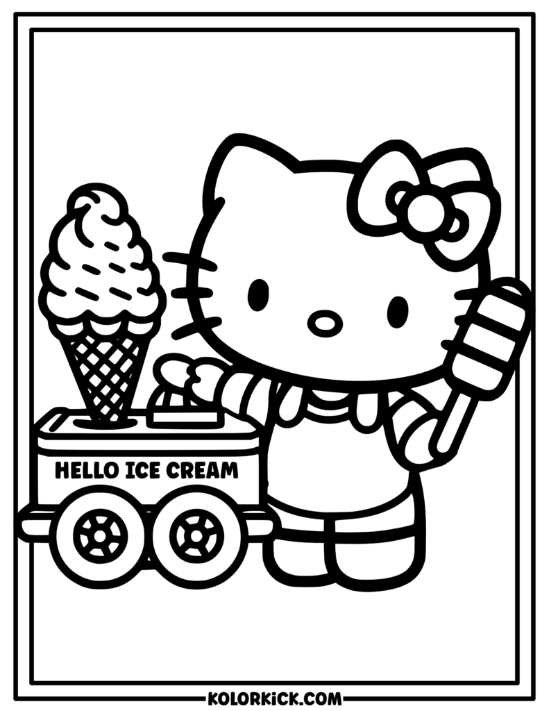 Ice Cream Vendor Hello Kitty Coloring Page