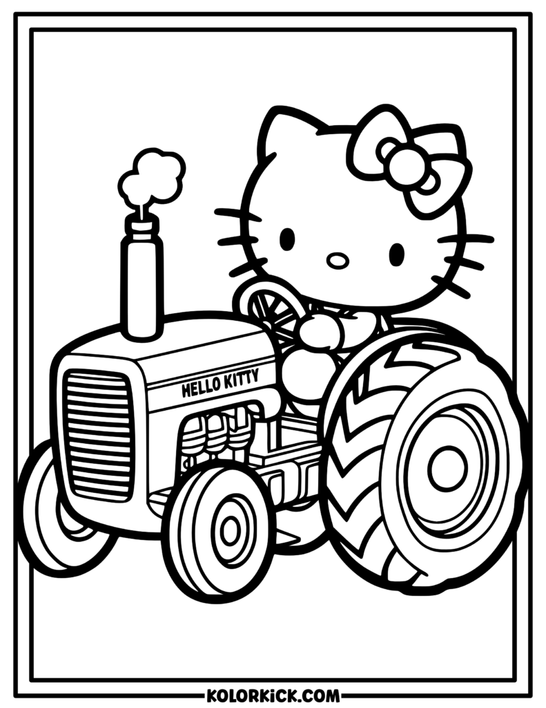 Mini Tractor Hello Kitty Coloring Page