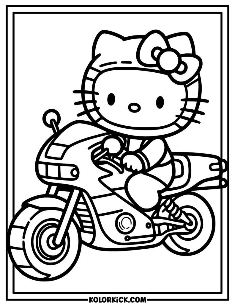 Motorbike Hello Kitty Coloring Page