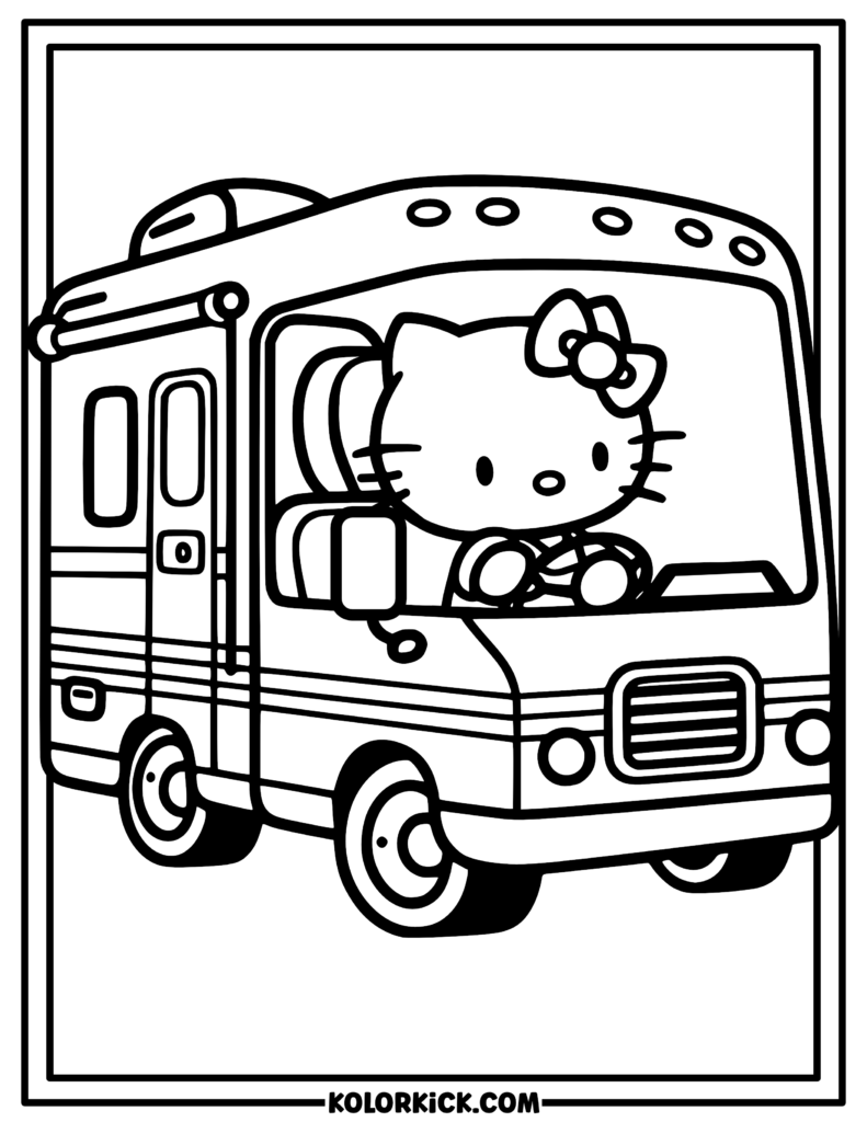 RV Camper Hello Kitty Coloring Page