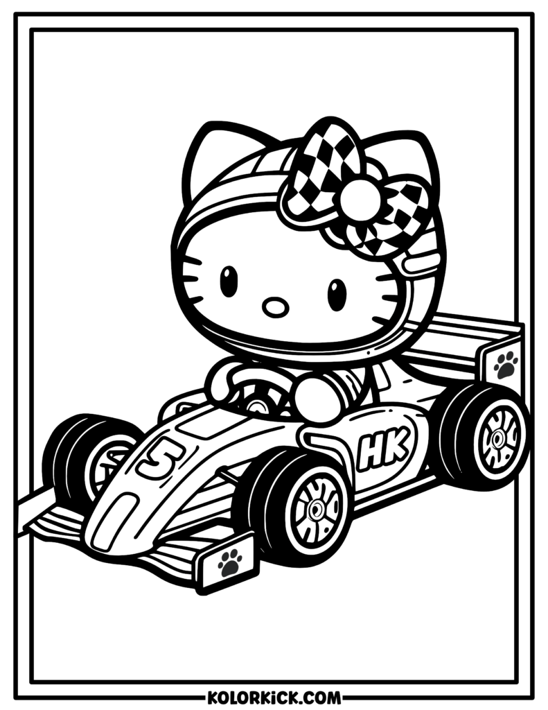 Racing Car Hello Kitty Coloring Page