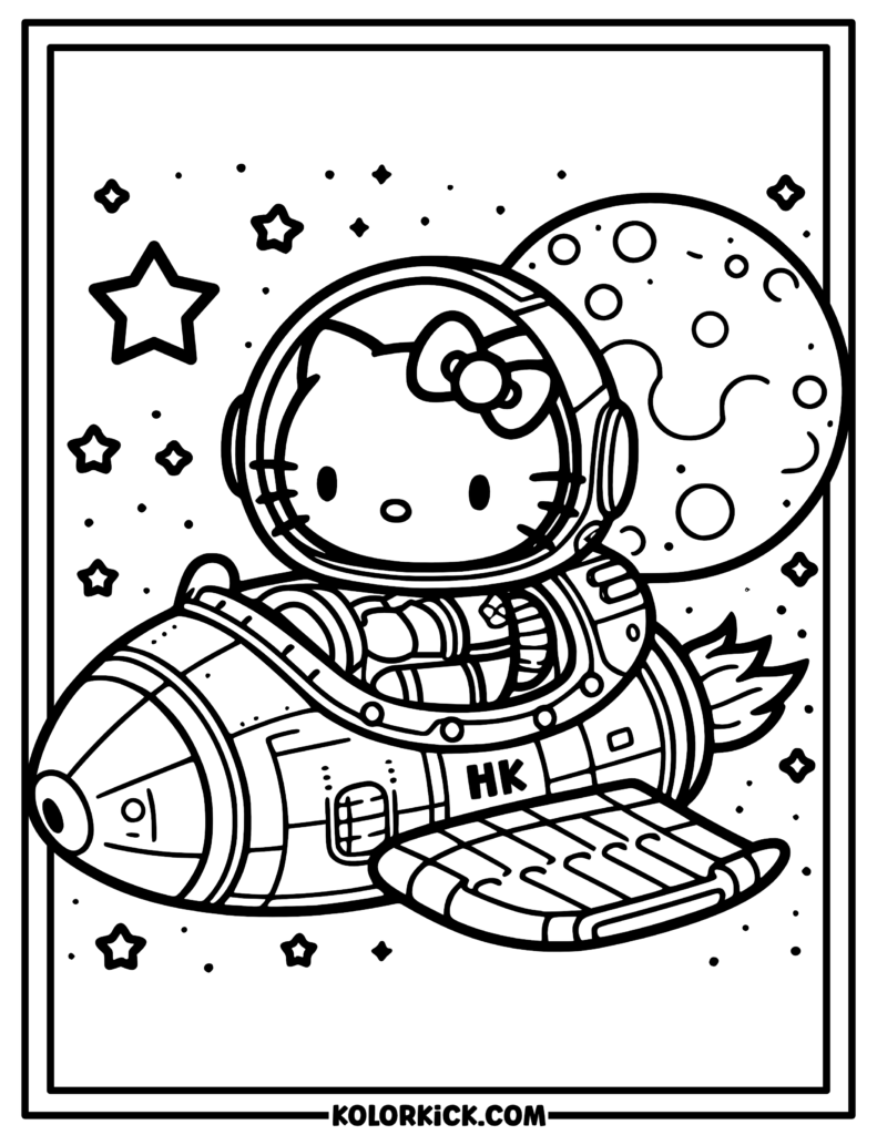 Spaceship Hello Kitty Coloring Page