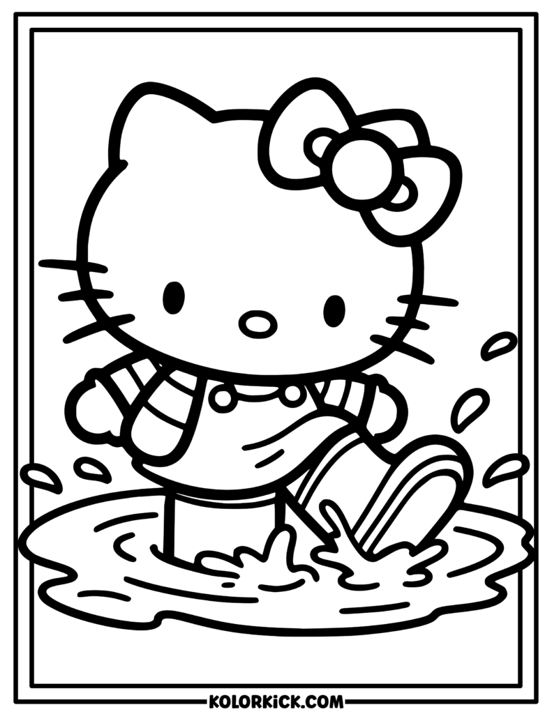 Spring Puddle Splash Hello Kitty Coloring Page