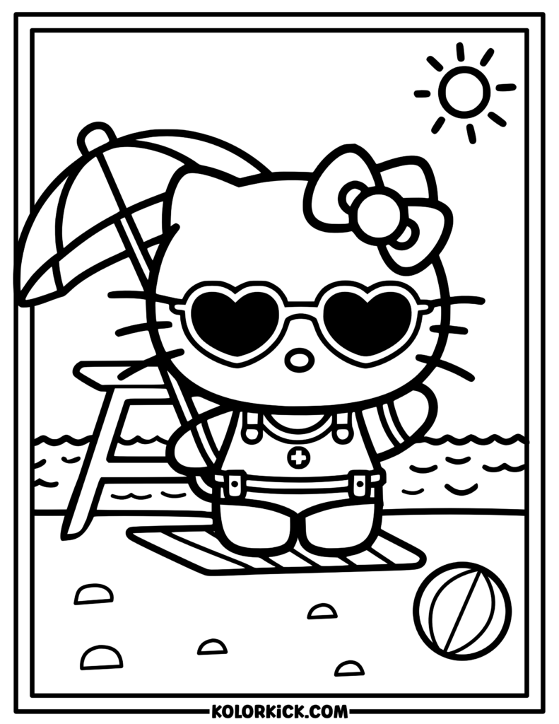 Summer Lifeguard Hello Kitty Coloring Page