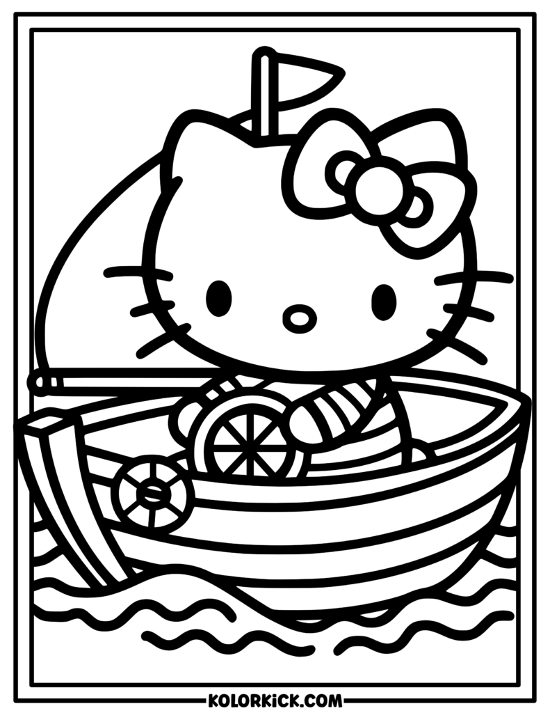 Summer Sailing Boat Hello Kitty Coloring Page