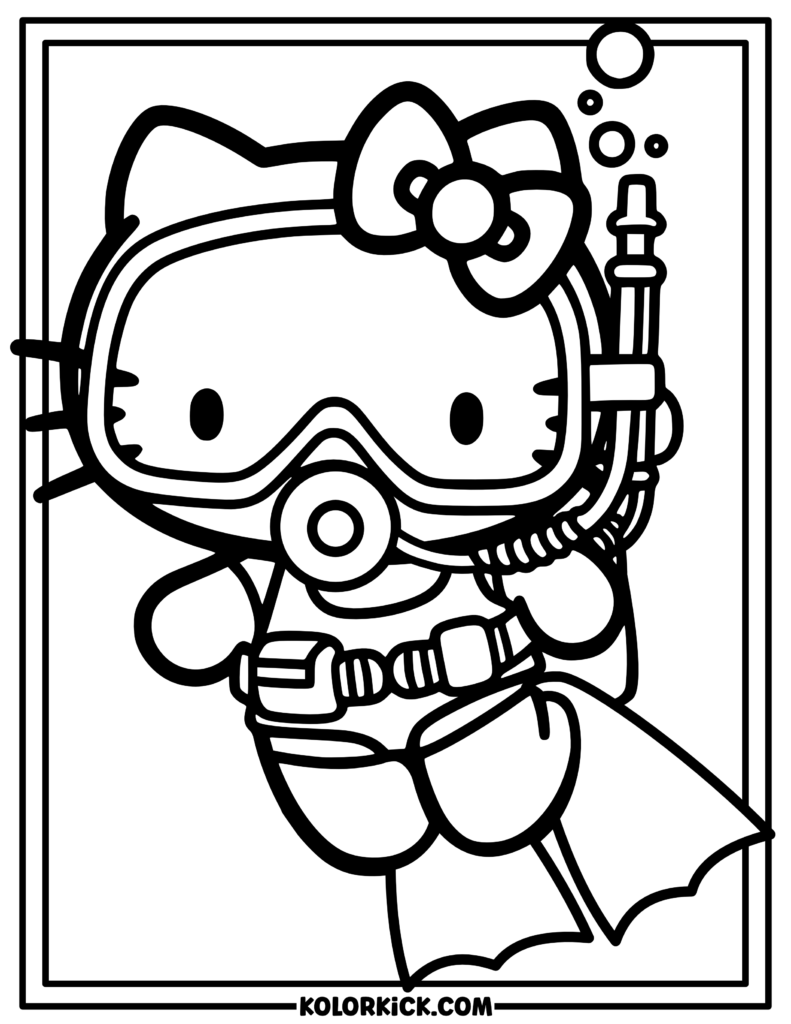 Summer Scuba Diving Hello Kitty Coloring Page